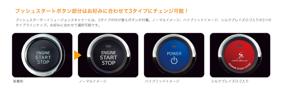 プッシュスタートボタン部分はお好みに合わせて3タイプにチェンジ可能！ 